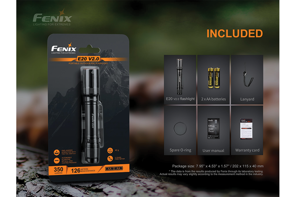 Fenix E20 V2.0 EDC Flashlight 350 Lumens Compact Two AA Power Ultra Thin Design For Everyday Carry