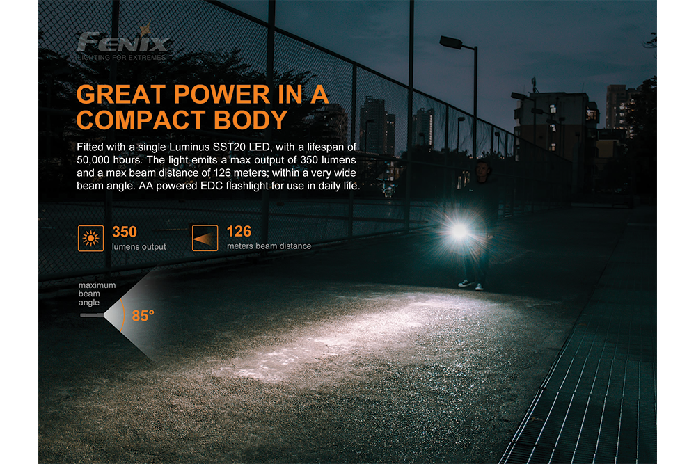 Fenix E20 V2.0 EDC Flashlight 350 Lumens Compact Two AA Power Ultra Thin Design For Everyday Carry