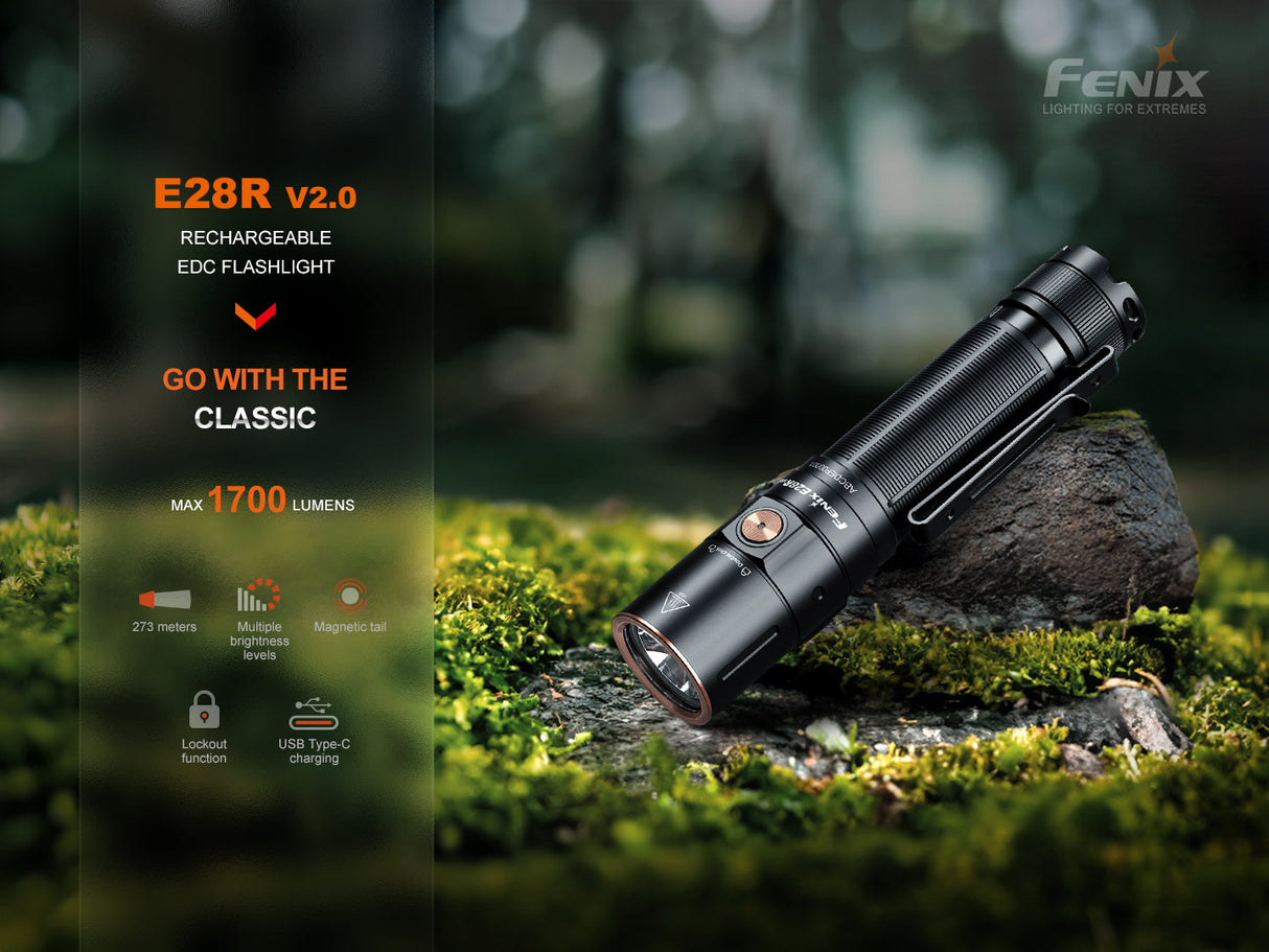 Fenix E28R V2 Rechargeable Flashlight for EDC Enthusiasts 1700 Lumens Magnetic Tail Cap