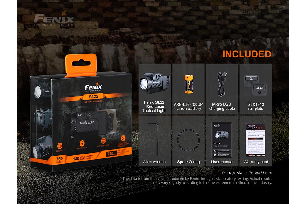 Fenix GL22 Tactical LED Light With Red Laser For Rail Systems, Ambidextrous Momentary Switch And Long Runtime For Pros