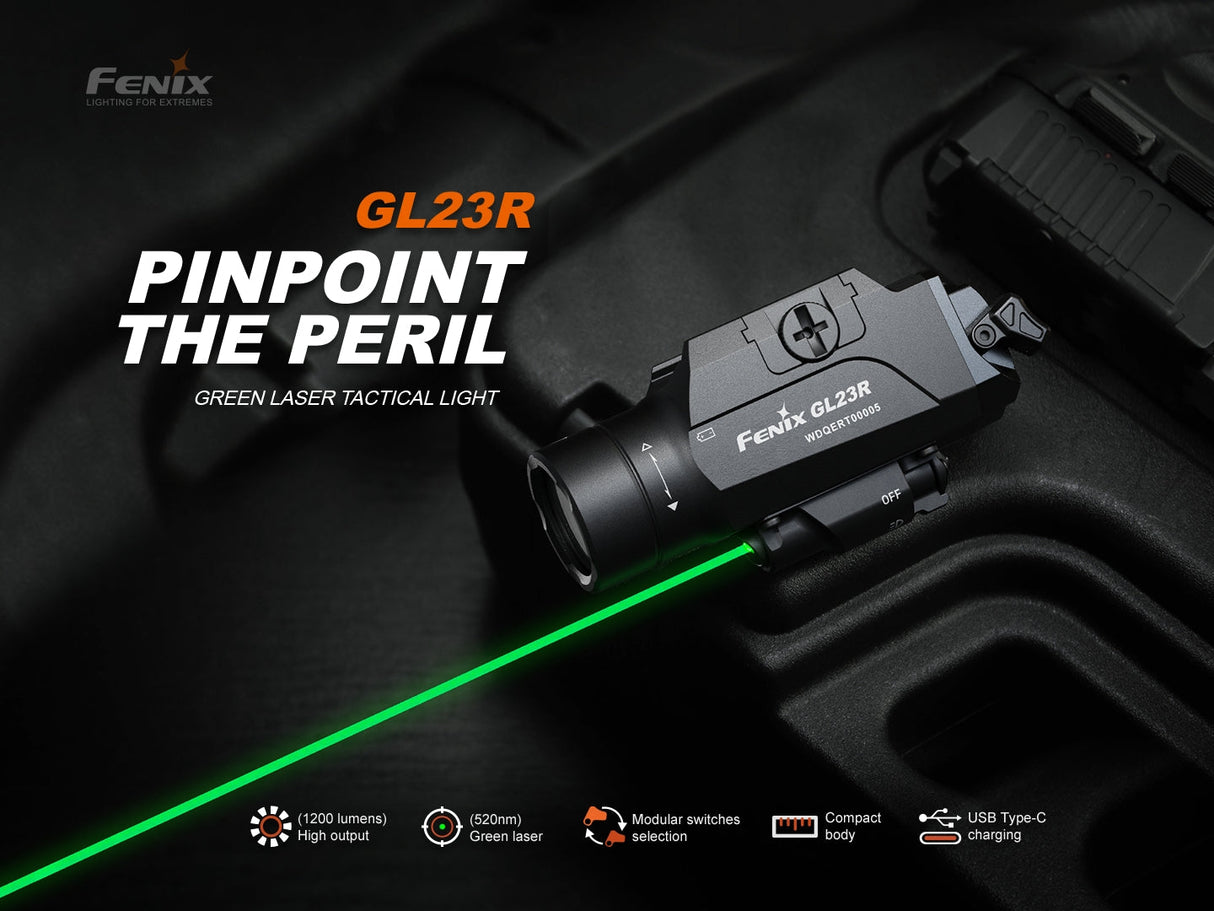 Fenix GL23R Green Laser Tactical Light 1200 Lumen Pistol Mounted With 520 Nanometer Laser For Hunters And Shooters