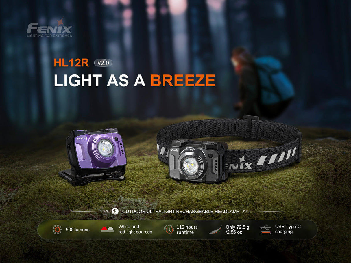 Fenix HL12R V2 Ultralight Rechargeable Headlamp 500 Lumen Output For Outdoor Enthusiasts