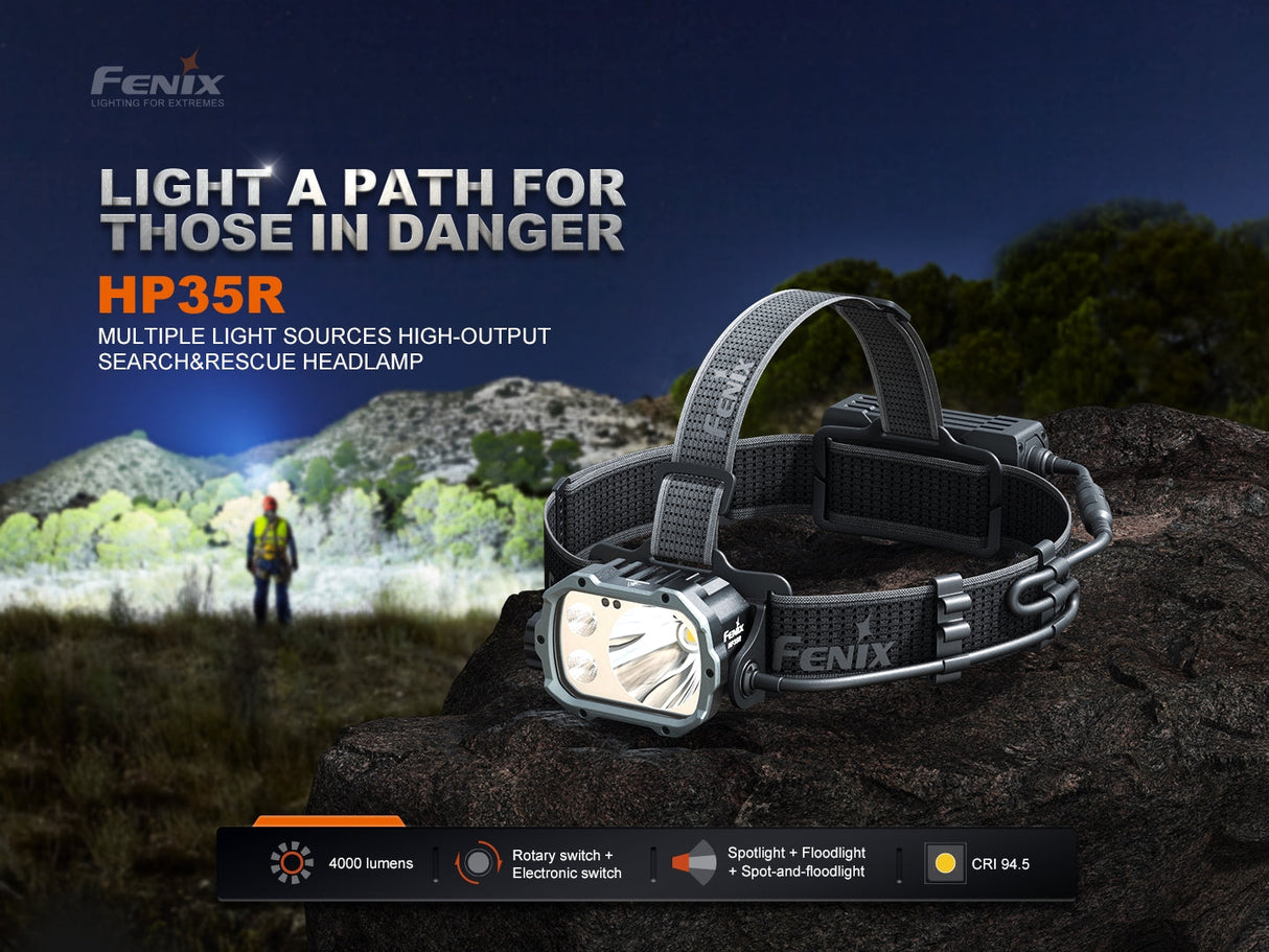 Fenix HP35R Headlamp For Search And Rescue Teams USB C Rechargeable 4000 Lumen Spotlight Floodlight