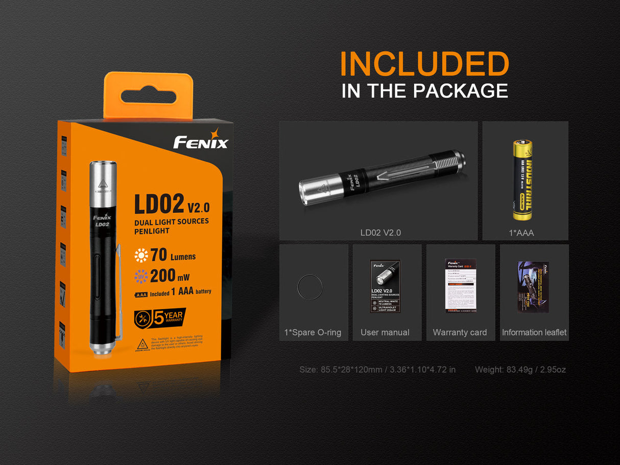 Fenix LD02 V2.0 EDC LED Penlight With UV Light For Everyday Carry Compact 70 Lumens Lightweight