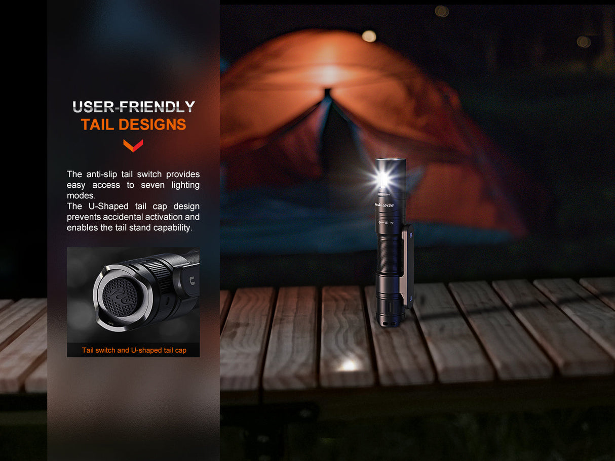 Fenix LD12R Dual Light Flashlight With Front 600 Lumen Beam And Side Lantern For Outdoor Enthusiasts Magnetic Clip USB C