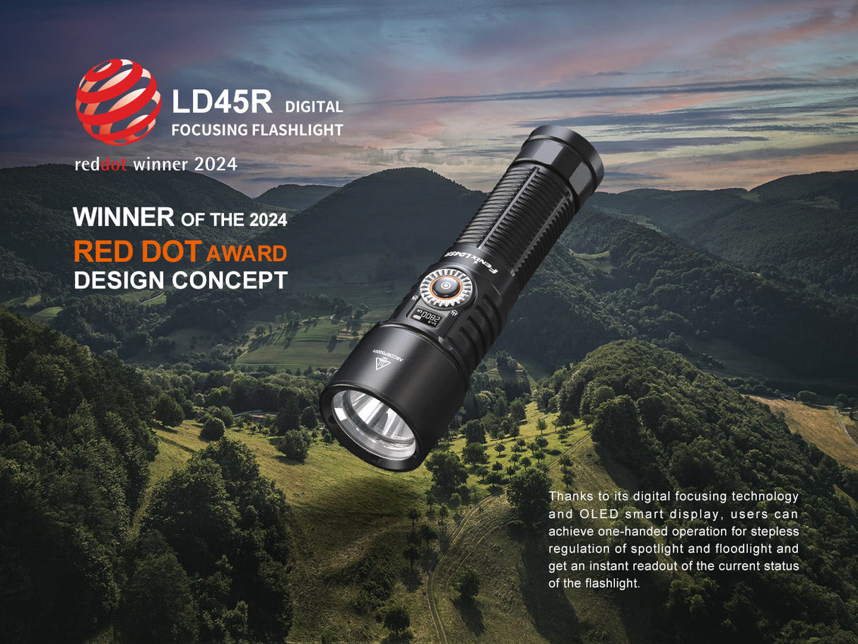 Fenix LD45R Digital Focus Rechargeable Flashlight 2800 Lumens One Hand Operation OLED Display USB C Outdoor Use