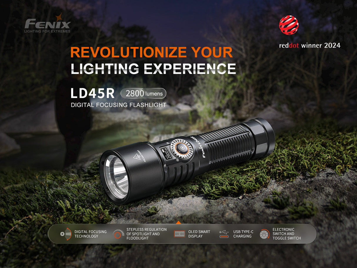 Fenix LD45R Digital Focus Rechargeable Flashlight 2800 Lumens One Hand Operation OLED Display USB C Outdoor Use