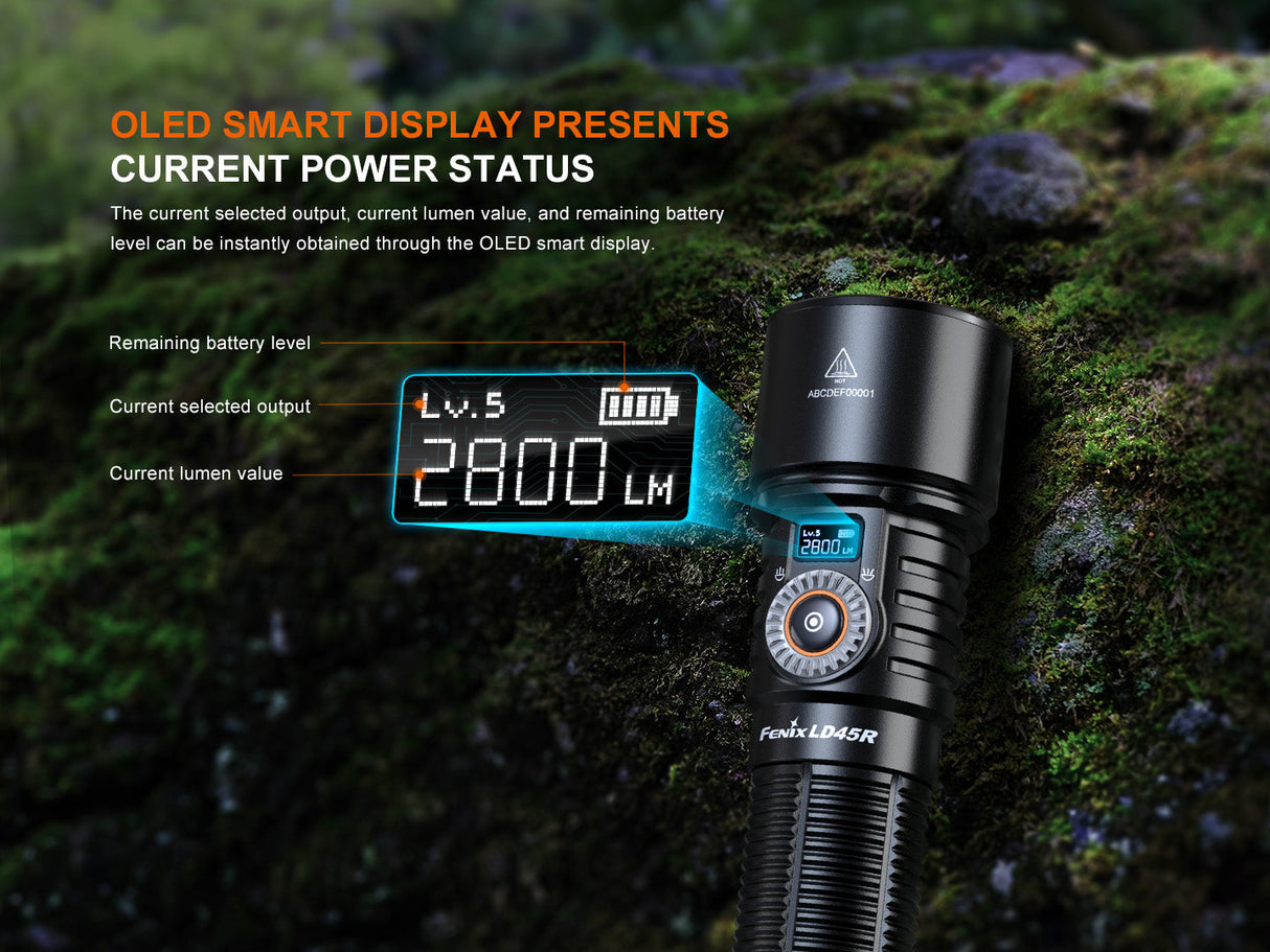 Fenix LD45R Digital Focus Rechargeable Flashlight 2800 Lumens One Hand Operation OLED Display USB C Outdoor Use