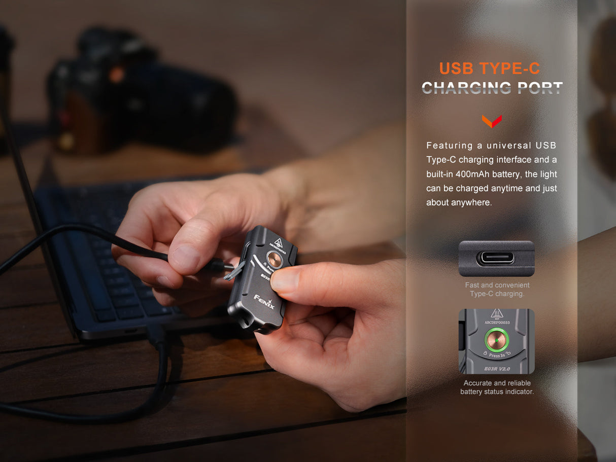 Fenix E03R V2 Keychain Flashlight Ultra Compact 500 Lumen USB C Rechargeable For EDC