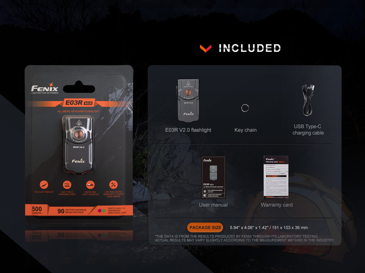 Fenix E03R V2 Keychain Flashlight Ultra Compact 500 Lumen USB C Rechargeable For EDC