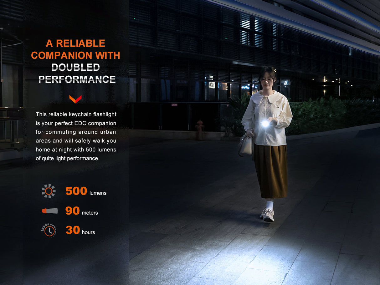 Fenix E03R V2 Keychain Flashlight Ultra Compact 500 Lumen USB C Rechargeable For EDC