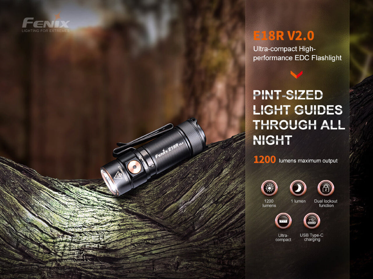 Fenix E18R V2 Rechargeable LED Flashlight For EDC Enthusiasts 1200 Lumen Compact USB C