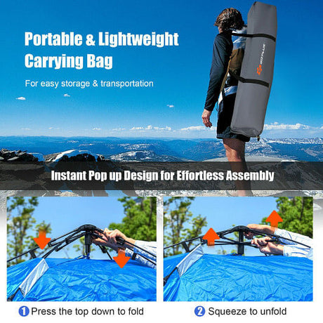 2-in-1 4 Person Instant Pop-up Waterproof Camping Tent-Blue-1