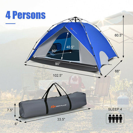 2-in-1 4 Person Instant Pop-up Waterproof Camping Tent-Blue-3