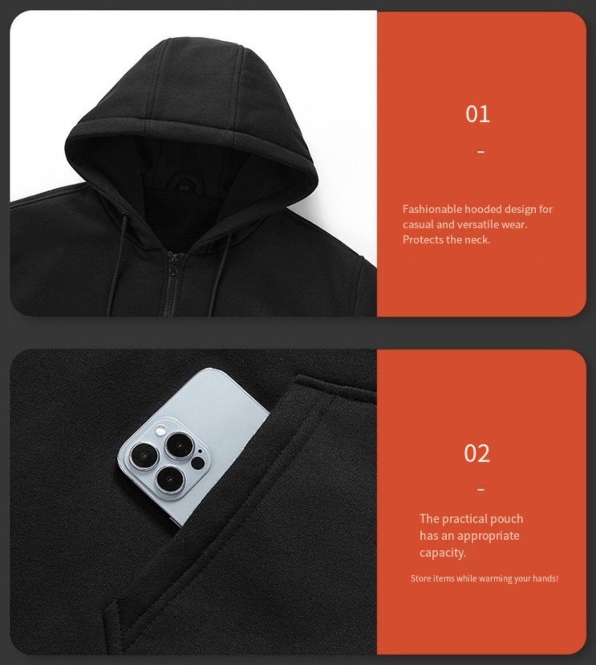 LITEGUEST USB Heated Hoodie 5-Zone Heated Zip-up Hooded Sweatshirt