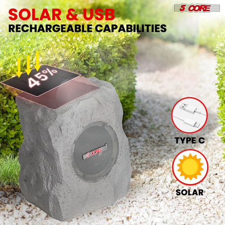 5 Core Rock Speaker Outdoor Waterproof Bluetooth Garden Speakers Solar & USB Charging RGB Colors for Patio Pool & Home-3