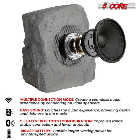 5 Core Rock Speaker Outdoor Waterproof Bluetooth Garden Speakers Solar & USB Charging RGB Colors for Patio Pool & Home-1