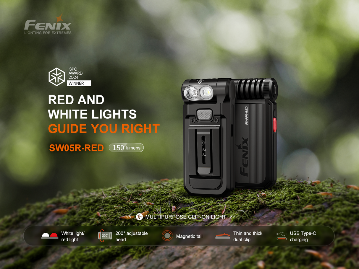 Fenix SW05R Clip On Light Versatile USB C Rechargeable With Red Or UV Output For Outdoor Enthusiasts