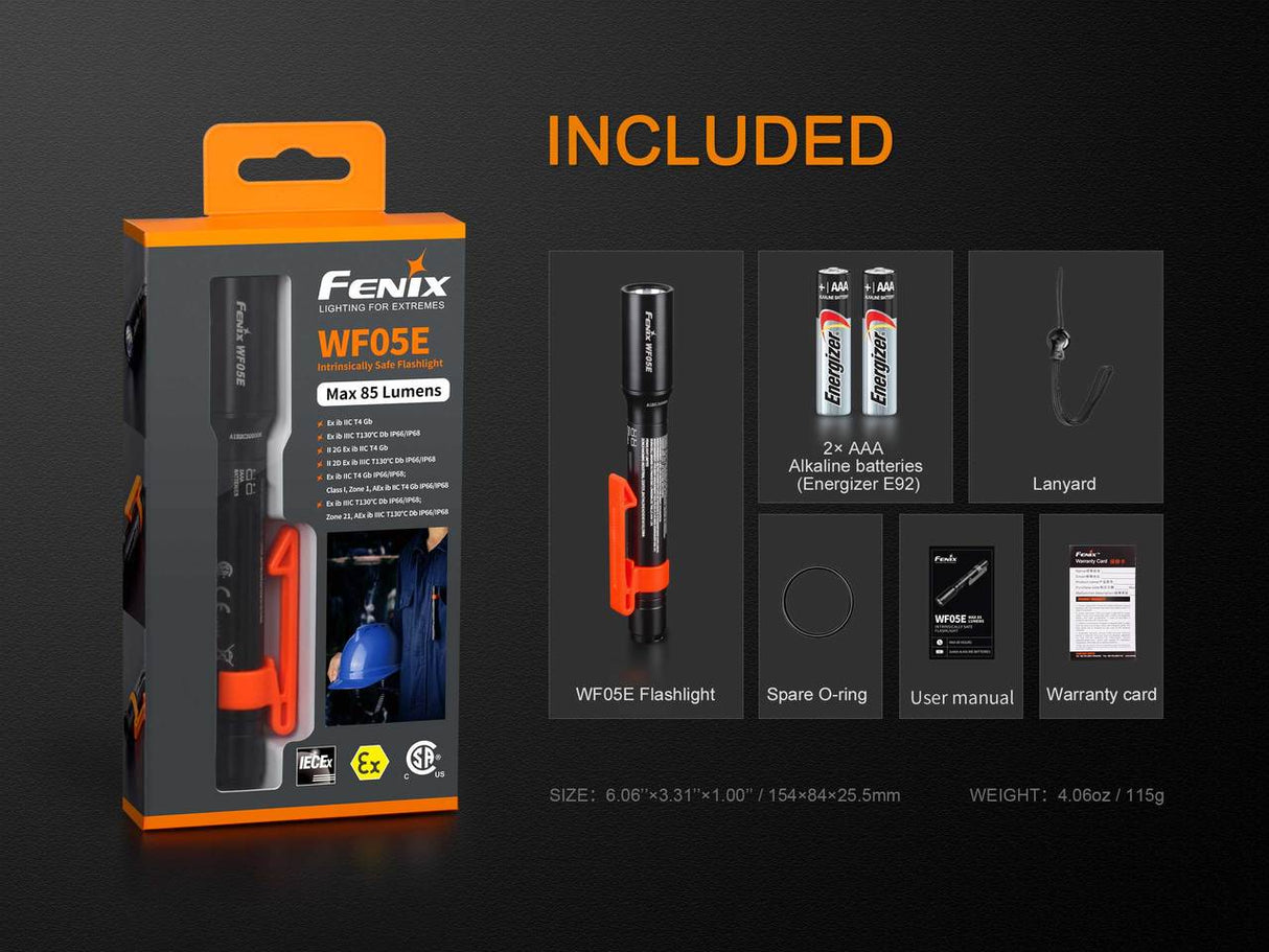 Fenix WF05E Intrinsically Safe Flashlight For Hazardous Environments Workers Three Output Modes 10 30 85 Lumens