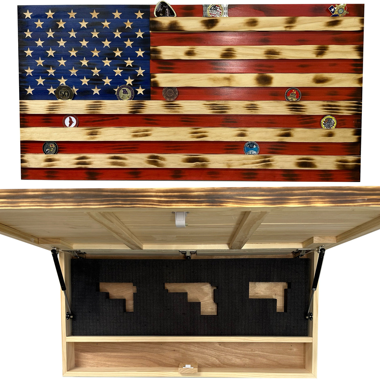 American Flag Challenge Coin Display and Hidden Gun Cabinet, Military Coin Holder Holds 100 Coins and is Ready to Hang, Large US Flag Patriotic Art 38.5" x 19.5"