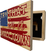 American Flag Try That In A Small Town Decorative and Secure Gun Cabinet (Red and Blue)